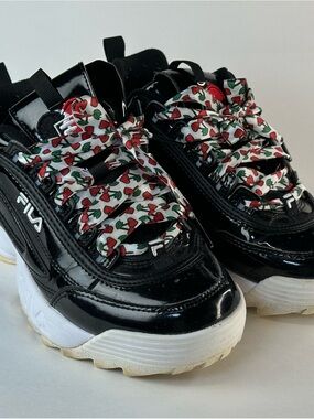 FILA Black Patent Chunky Sneakers with Cherry-Patterned Laces sz US 7